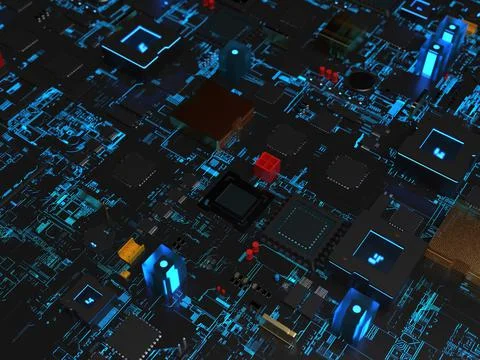 Different parts of the computer chips and transistors in blue backlight. 3d r 写真素材
