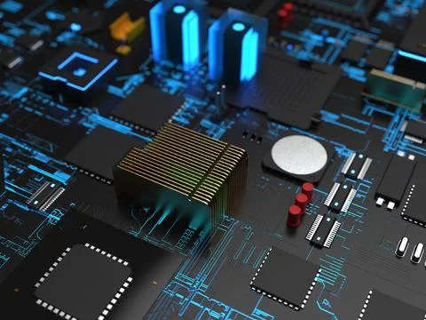 Different parts of the computer chips and transistors in blue backlight. 3d r 写真素材