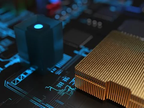 Different parts of the computer chips and transistors in blue backlight. 3d r 写真素材