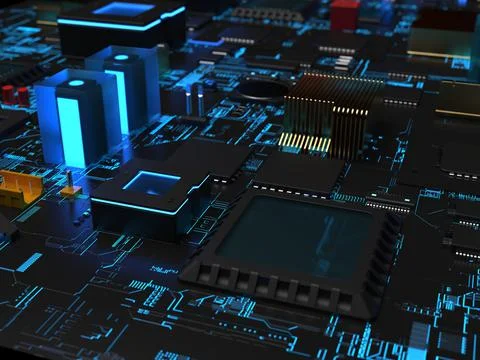 Different parts of the computer chips and transistors in blue backlight. 3d r 写真素材