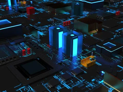 Different parts of the computer chips and transistors in blue backlight. 3d r 写真素材