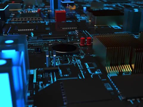 Different parts of the computer chips and transistors in blue backlight. 3d r 写真素材