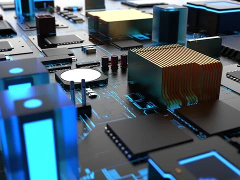 Different parts of the computer chips and transistors in blue backlight. 3d r 写真素材