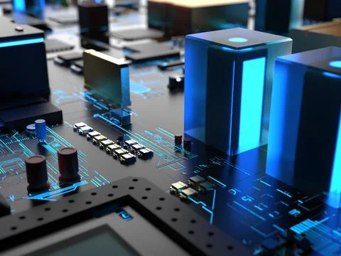 Different parts of the computer chips and transistors in blue backlight. 3d r 写真素材