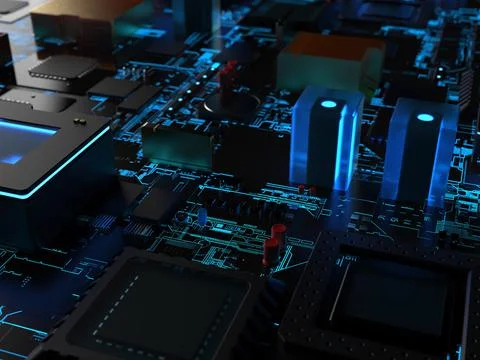 Different parts of the computer chips and transistors in blue backlight. 3d r 写真素材