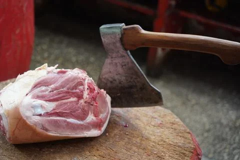 Different parts of meat are prepared for sale 스톡 사진