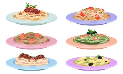 Different Pasta Dishes Served On Flat Plates Vector Set Illustrazione stock