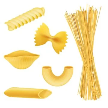 Different pasta shapes - realistic set isolated on white background Illustrazione stock