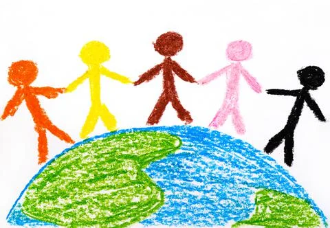 Different people on the Earth. Hand drawing by wax crayons Stock Illustration