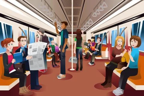 Different people inside crowded subway Stock Illustration