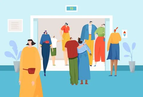 Different people inside elevator on fiftieth floor, women in smart suits, office Stock-Illustration