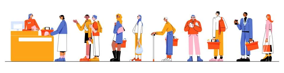 Different people in long queue in supermarket Stockillustratie