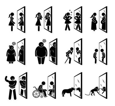Different people looking into mirror of themselves. Vector illustrations of w Stock Illustration