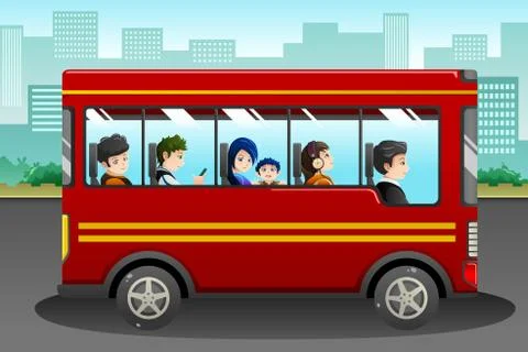 Different people riding a bus Stock Illustration