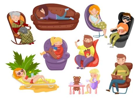 Different people sitting and lying on different chairs, sedentary lifestyle Stock Illustration