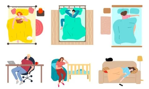 Different people sleeping in various poses at home or during work on chair Stock Illustration