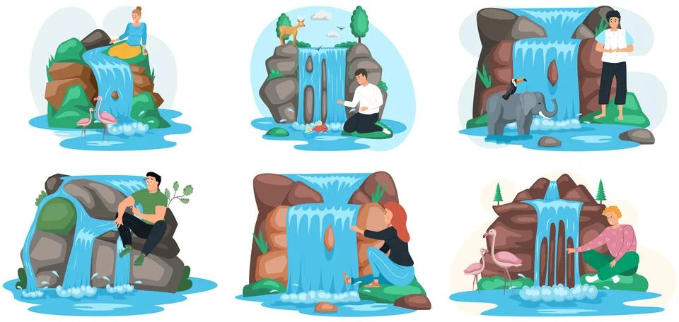 Different people stand next to rock and waterfall. Clean nature concept, clear Stock Illustration