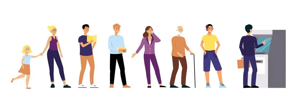 Different people stand in queue to Automated Teller Machine flat cartoon style Stock Illustration