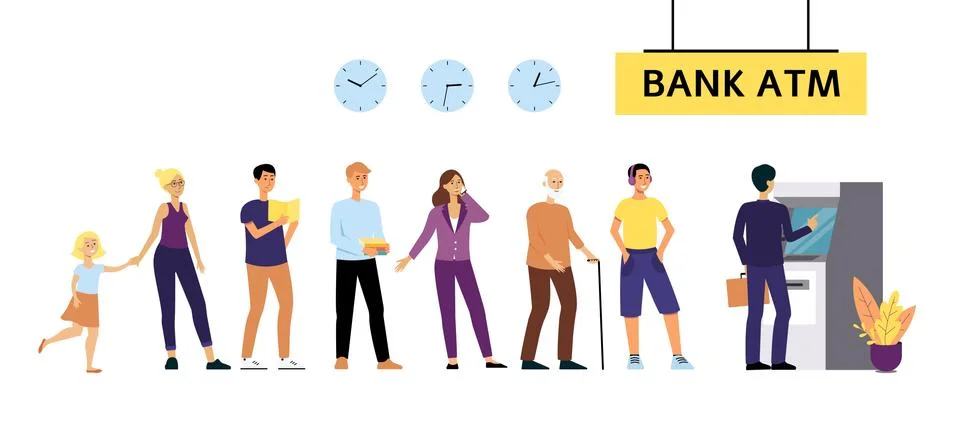 Different people stand in queue to Automated Teller Machine flat cartoon styl Illustrazione stock