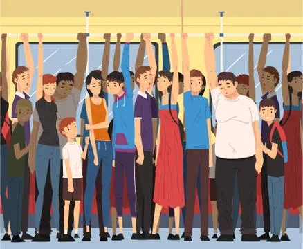 Different People Standing Inside Crowded Subway Holding Handrails, Passengers Illustration