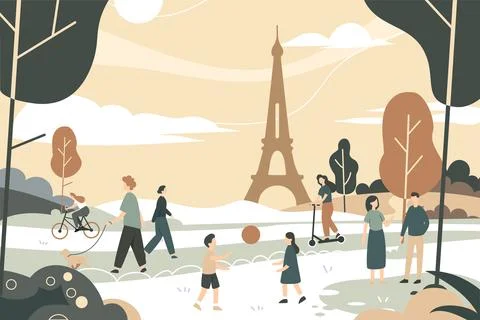 Different people walking in the park with Eiffel Tower Illustrazione stock