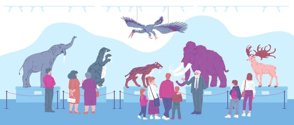 Different people watch exposition with ancient animals scene flat style Stock Illustration