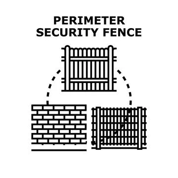 Different perimeter security fence types protecting area Stock Illustration