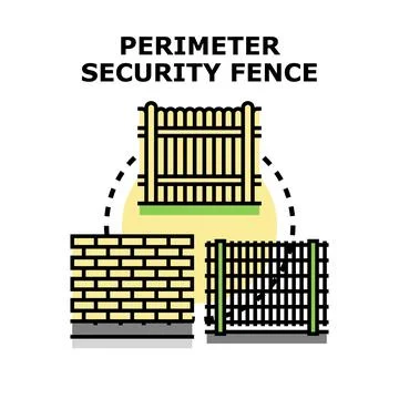 Different perimeter security fence types protecting area Stock Illustration