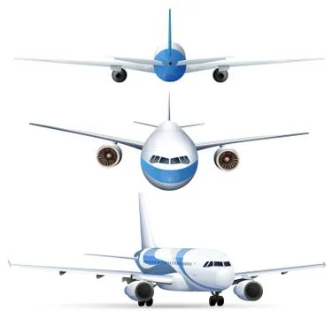 Different perspectives of flying airplanes Stock Illustration