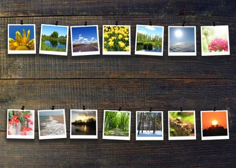 Different photos in two rows on black wooden background. Photographs of life Stock Photos