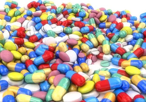 Different pills and capsules placed on a table Stock Illustration