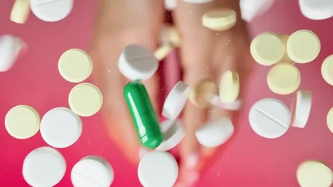 Different pills from defocus fall from human palms onto a flat transparent Stock Footage 261185654