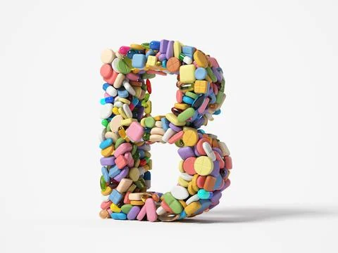 Different pills stack in shape of letter B. 3D illustration Stock Illustration