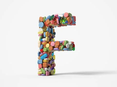Different pills stack in shape of letter F. 3D illustration Stock Illustration