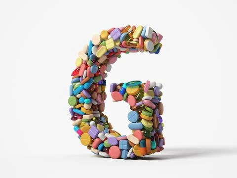 Different pills stack in shape of letter G. 3D illustration Stock Illustration