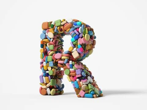 Different pills stack in shape of letter R. 3D illustration Stock Illustration