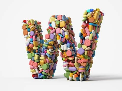 Different pills stack in shape of letter W. 3D illustration Stock Illustration