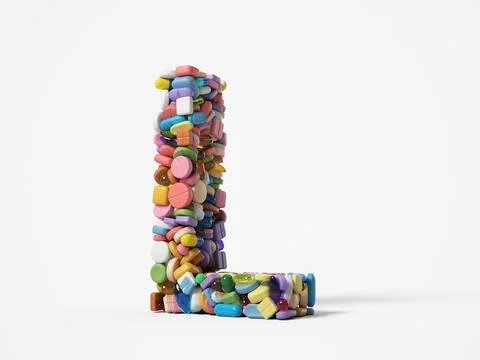 Different pills stack in shape of letter L. 3D illustration Stock Illustration