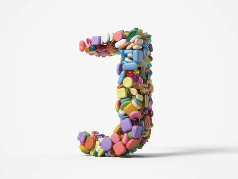 Different pills stack in shape of letter J. 3D illustration Stock Illustration