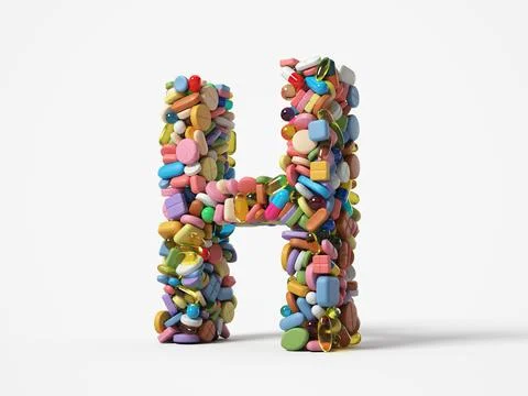 Different pills stack in shape of letter H. 3D illustration Stock Illustration