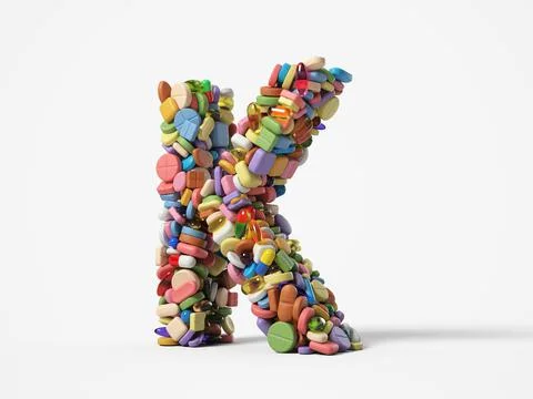 Different pills stack in shape of letter K. 3D illustration Stock Illustration
