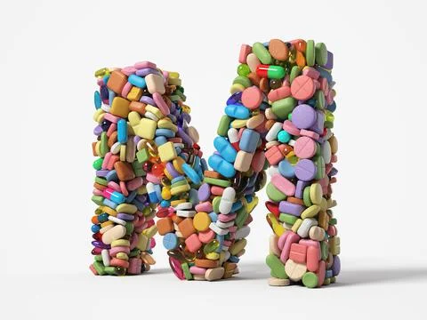 Different pills stack in shape of letter M. 3D illustration Stock Illustration