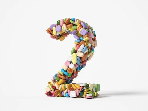 Different pills stack in shape of number 2. 3D illustration Stock Illustration