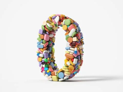 Different pills stack in shape of number 0. 3D illustration Stock Illustration