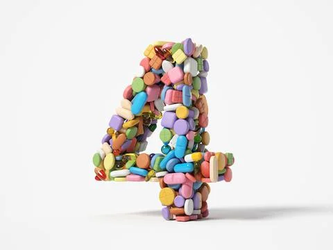 Different pills stack in shape of number 4. 3D illustration Stock Illustration
