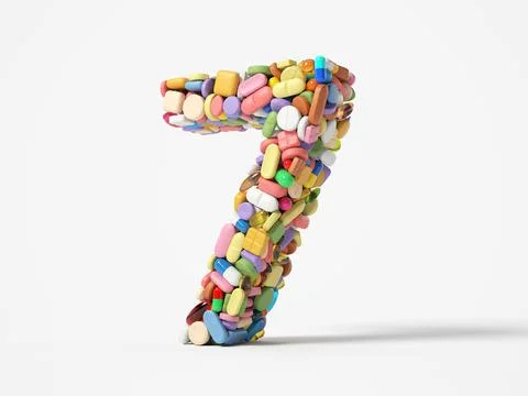 Different pills stack in shape of number 7. 3D illustration Stock Illustration