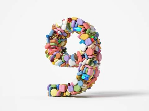 Different pills stack in shape of number 9. 3D illustration Stock Illustration