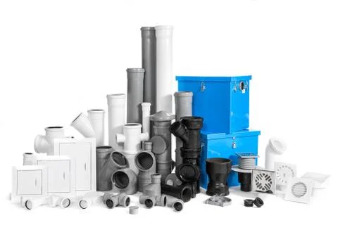Different pipe and fitting connections for sewerage and plumbing Stock Photos