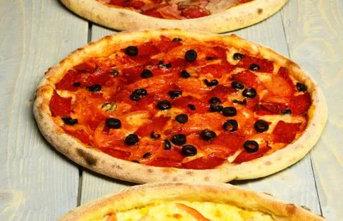 Different pizza set for menu. Take away food Fotos de archivo