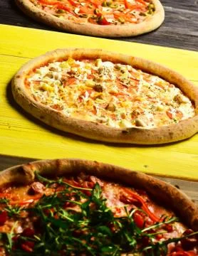 Different pizzas set for menu. Take away food Fotos de archivo